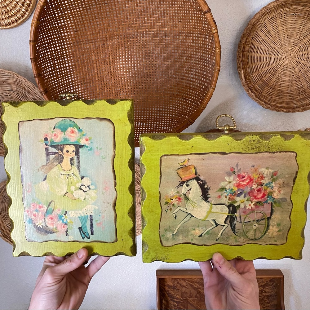 Vintage Caprice Coronation White Horse Drawn Flower Cart Wooden Plaques